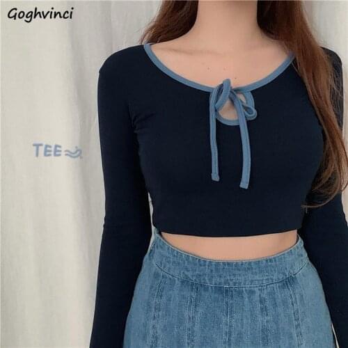 Long Sleeve T-shirts Women Stylish Lace-up Short Slim Street-wear Tees Female Fashion All-match Korean-style Simple Casual Chic