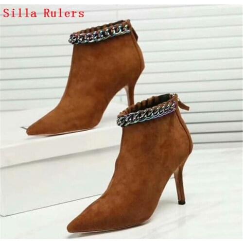 Classic Chains Brown Black Suede Women Boots Ankle Boots Pointed Toe High Heels Spring Autumn Boots shoes Woman Botas Mujer