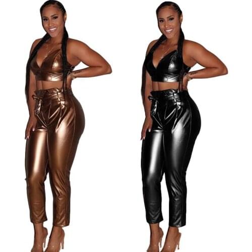 Adogirl Sexy Pu 2 Piece Set Spaghett Strap V-enck Crop Top and High Waist Lace Up Ankle Length Pant Women Party Club Outfits