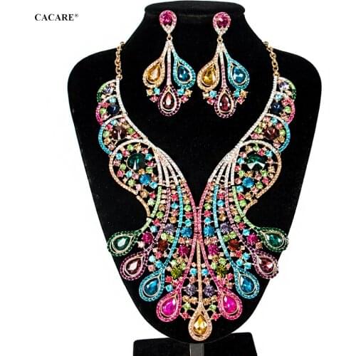 Vintage Jewelry Sets Women Big Necklace Earring Set Indian Dubai Gold Jewellery F1123 Rhinestone Party Jewels 7 Colors CACARE