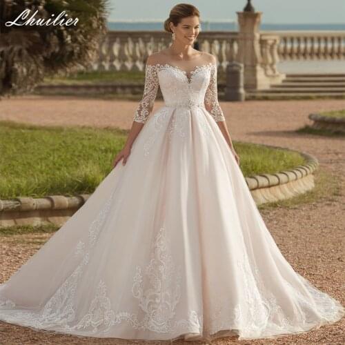 Lhuilier A-line Scoop Neck Lace Appliques Wedding Dresses 2021 3/4 Sleeves Floor Length Beaded Court Train Bridal Dress