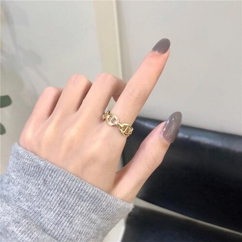 LOVOACC Minimalist Hollow Linked Rings for Women Mujer Gold Color Metallic Chunky Chain Adjustable Open Charm Ring Jewellery