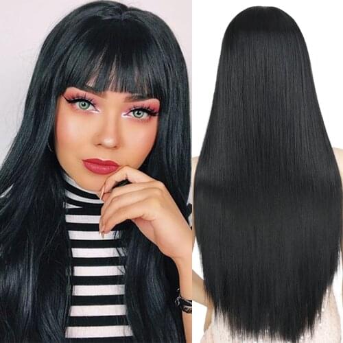 MERISIHAIR Cosplay Long Straight Black Synthetic Wigs with Bangs for Women African American Lolita Daily Party Heat Resistant
