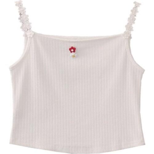 Cute Crop Tops Women Summer Flowers Button Decorate Cotton Knitted Camis Top for Sweet Girl Kawaii Clothes