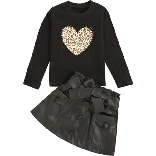 2021 1-6Y Fashion Kids Baby Girl Clothes Set Leopard Print Pearls Heart Long Sleeve Sweatshirt+Pockets Leather A-line Skirt+Belt