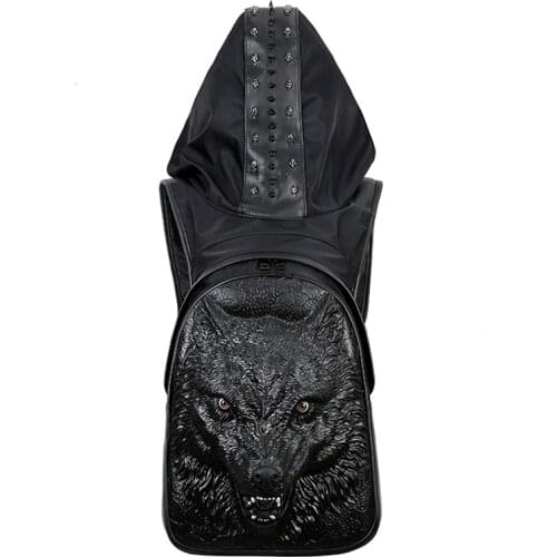 Fashion Men Women Waterproof Thicken Leather Backpack Rivets 3D Backpacks With Hood Cap Apparel Bag Cross Bag Teenager Schoolbag