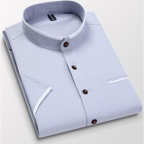 Mens Short Sleeve Shirts Casual Slim Fit Design Shirts Fashion Mans Clothing Stand Collor Male Business Formal Dress Shirts