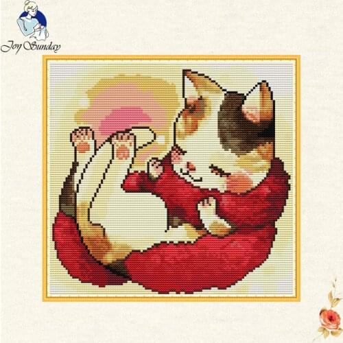 Joy sunday A cat with a scarf cross stitch animal black cloth cotton DMC Handm Counted Kits printed set Embroidery Needlework