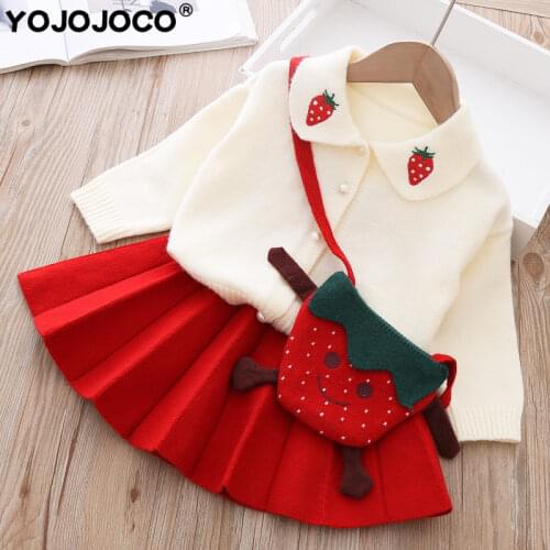 Baby girl clothes winter warm knitted sweater suit girl strawberry knitted cardigan sweater jacket two-piece pleated skirt