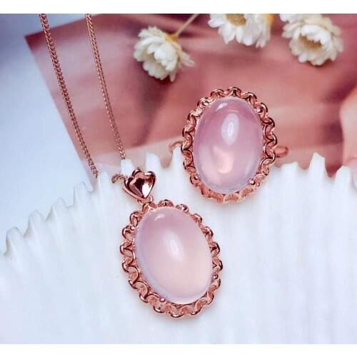 Top Quality Rose Quartz Jewelry Set Natural And Real Rose Quartz Set 925 Sterling Silver 1pc Ring,1pc Pendant