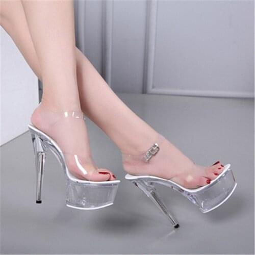 Pole dancing high heel sandals, sexy summer transparent crystal shoes 15cm walking show sandals for women wedding shoes