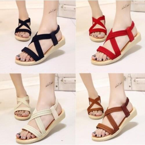 Women Solid Color Flock Cross Straps Open Toe Flat With Sandals Fashion Elastic Band Sandalen Summer Sandals Sandalias