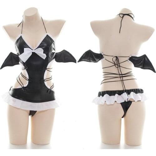 Sexy Lingerie Little Devil Cosplay Costumes Black Pu Leather With Adorable Bat Wings Erotic Cute Uniform Photo Dress