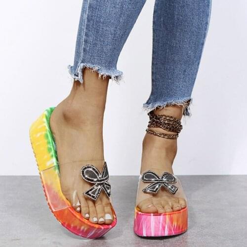 High heel women summer shoes new rhinestone mixed colors fashion ladies slippers platform thick sole female beach slide big size
