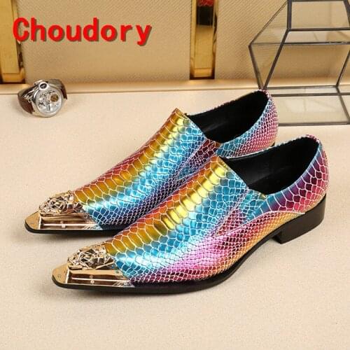 Choudory crocodile skin leather shoes mixed colors spike dress shoes mens classic italian formal shoes men