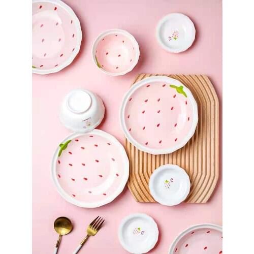 Japanese Creative Strawberry Pink Loveliness AssietteTableware Bowl Plate Household Combination Bowl Chopsticks Bowls Plate Set