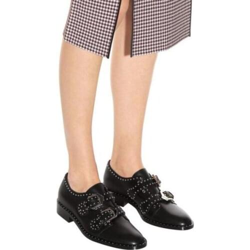 Newest Fall Winter Black Studded Monk Strap shoes woman Silver Buckle Flat Stacked Heel Ankle Boots Black Leather Punk shoes wom