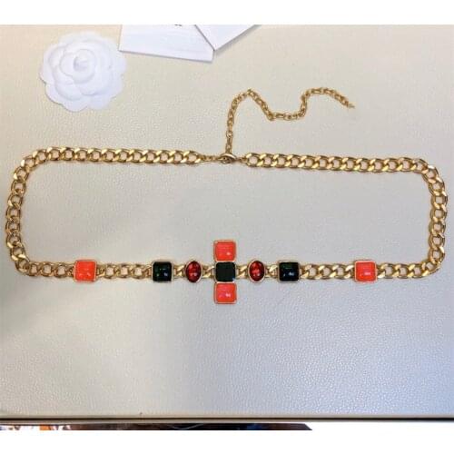Women Belt gold color vintage heavy Metal chain Chunky red green gems stone Waist luxury brand name accessories