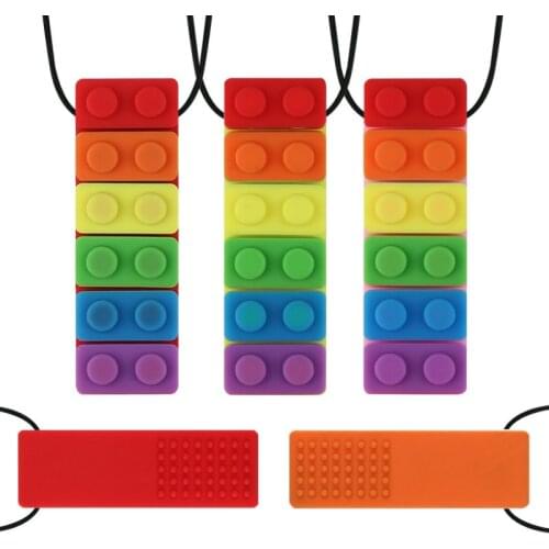 1 Pc Hot Sale Block Baby Teethers Sensory Chew Necklace Brick Silicone Biting Topper Teethers Toy Rainbow Teether