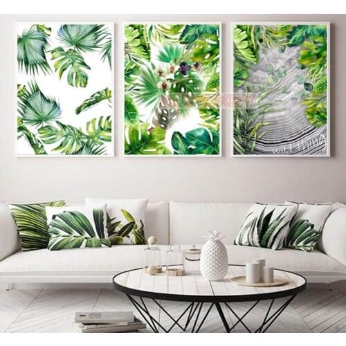 3pcs Mosaic Full square Diamond Painting Green Leaf Tropical Trees diamond Embroidery still life diamond picture of Rhinestones