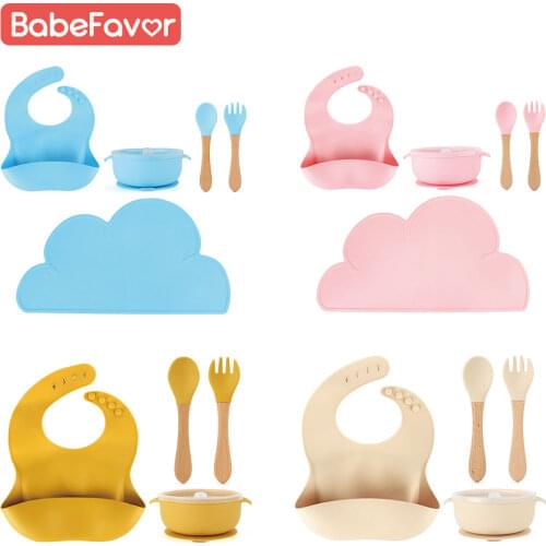 Kids Bowl Spoon Fork Bib Placemat Tableware Set Anti Slip Silicone Food Grade Baby Feeding Bowl with Lid Dishes Children Utensil