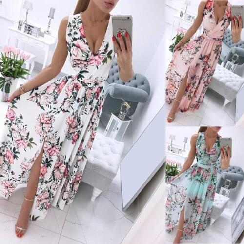 Women Sexy Spaghetti Strap Floral Chiffon Dress Fashion V Neck Boho Print A Line Pem Party Dress Female Hight Slits Dress Robe