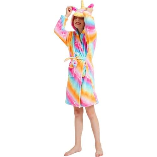 Winter Hooded Children Bathrobe Kids Cute Unicorn Stitch Bath Robe Boys Girls Animal Pyjamas Kids Long Sleeve Cartoon Towel Robe