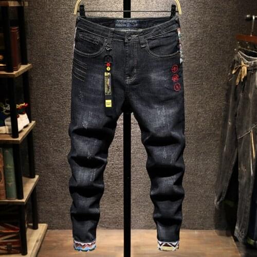 Street Style Fashion Men Jeans Retro Black Elastic Slim Fit Ripped Jeans Men Patches Embroidery Designer Hip Hop Denim Pants