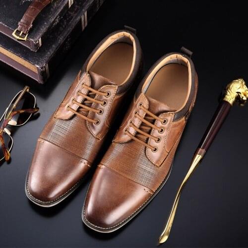2021 New Men Dress Shoes Business Leather Lace-Up Patchwork Shoes Oxford Casual Non-Slip Outdoor Sports Fashion