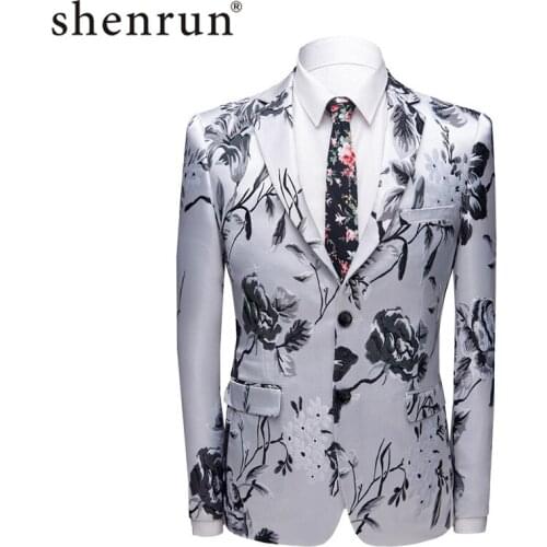 Shenrun Men Blazer Fashion Slim Fit Floral Jacquard Casual White Jacket Wedding Groom Party Prom Male Suit Jackets Stage Costume