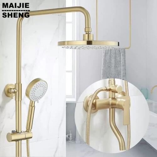 Light Luxury Household Pressurized Shower Head Golden Brass Drawing Gold Three Function Suit