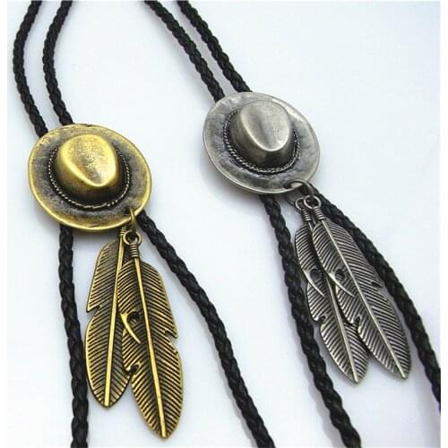 Bolo Tie New Retro Shirt Chain Cowboy Hat Double Feathers Poirot Collar Leather Necklace Long Tie Pendant