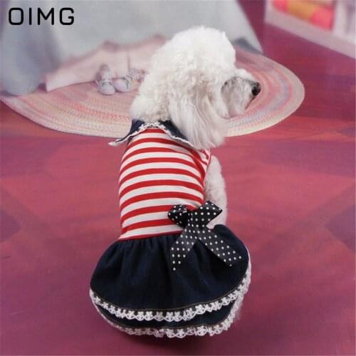 OIMG Pet Clothing Summer Red White Striped Dog Dresses For Small Dogs Yorkies Pomeranian Lace Collar Princess Pet Dress