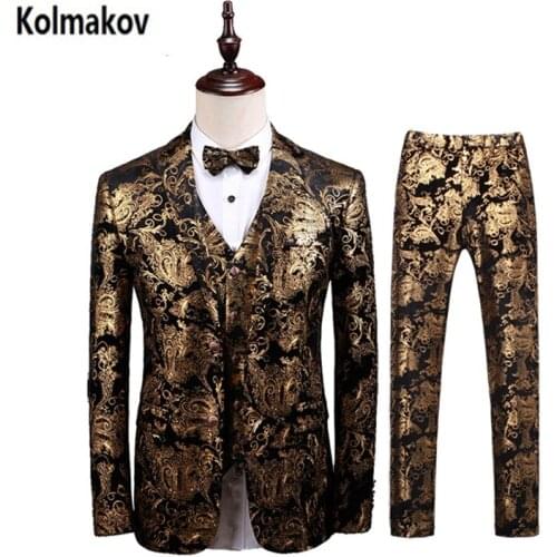 Jacket+Pant+Vest) Mens Print Suit 2019 golden WeddingSuits Classic business Slim Fit mens suit withpants Embroidery Mens suit