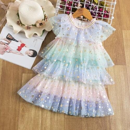 New Summer Star Gradient Cake Dress Girls Mesh Birthday Dress
