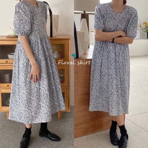 2020 Women Summer Sweet Blue Long Chiffon Floral Dress Puff Sleeve Loose Waistline Draped Midi Sundress