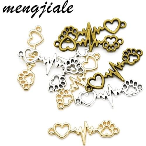 16pcs Antique silver Heart rate beat heart paw print connector charms metal pendants fit Jewelry accessories making 34*12mm