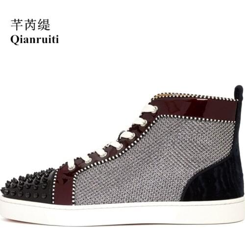 Qianruiti Men Spikes Sneaker Lace-up Round Toe Flat High Top Men Rivets Runway Chaussures Hommes Plus Size39-47