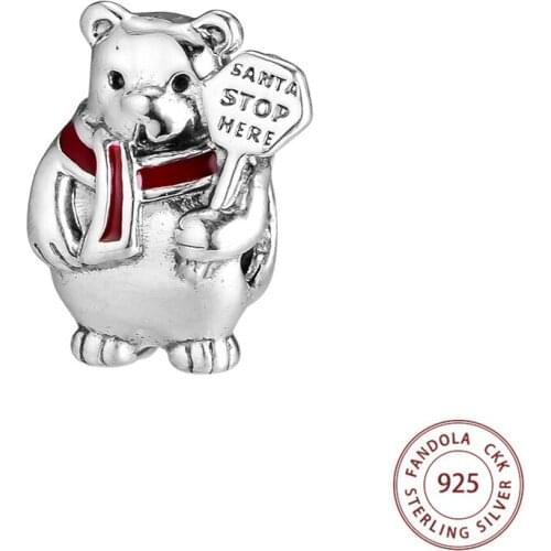 Christmas Gift Fits Original Bracelet 925 Sterling Silver Polar Bear Santa Stop Here Charm Beads for Jewelry Making Berloque