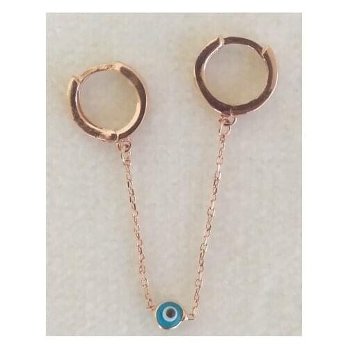 Silver Rose With Two Rings Chain Evil Eye Earrings