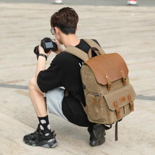 Waterproof Canvas Camera Backpack Outdoor Wear-Resistant Camera Bag Large Photography Bag for Camera/Lens/Tripod/Flash/Battery