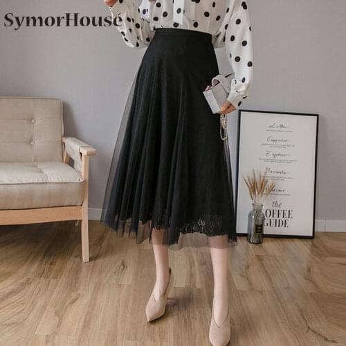High Quality 2021 Summer New Women Lace Skirts Elegant High Waist Korean Style All-Match Casual Mesh A-Line Skirts Autumn