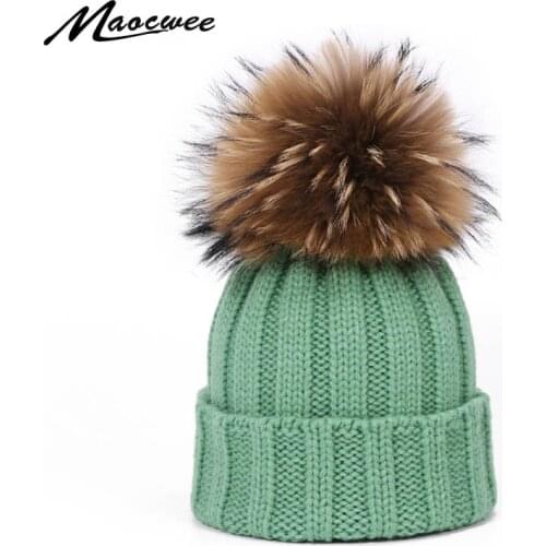 Women Winter Knitted Beanie Hat With Real Fur Pom Pom For Female Warm Thick Slouchy Skullies Beanies Real Fur Pompon Outdoor Hat