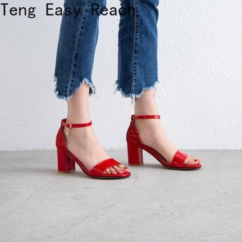 New Style Spring and Summer High-heeled Sandals Womens Thick Heel Fashion Sequins Buckle Womens Shoes Red Women Sandals 34-43