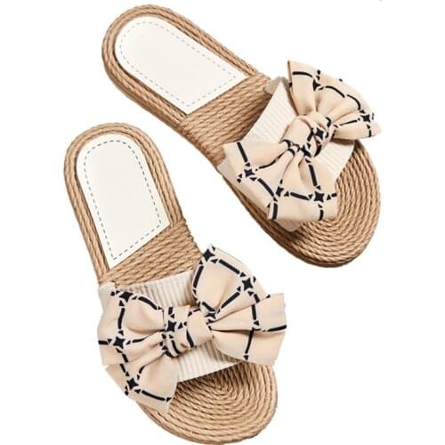 Women Summer Straw Beach Slippers Plus Size Shoes Female Striped Lattice Bow Flax Linen Flip Flops Beach Shoes Slippers hy444