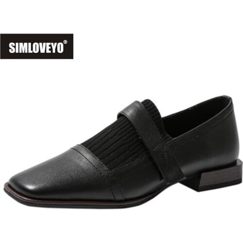 SIMLOVEYO 2021 Genuine Leather Ladies Flats Patchwork Lofers Hook Loop Square Toe 2cm Heels Size 34-42 Brown Black Apricot A4316