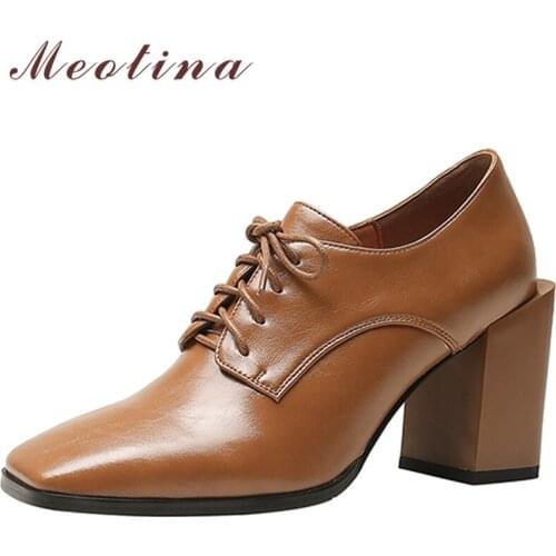 Meotina Genuine Leather Extreme High Heels Women Shoes Lace Up Square Toe Pumps Block Heel Ladies Footwear 2021 Spring Brown 40