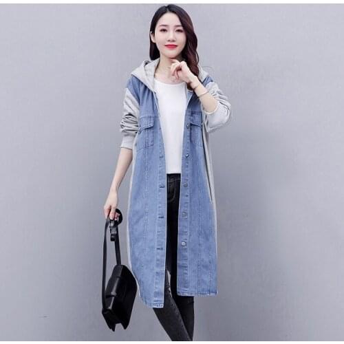 2021 Spring Autumn Womens Long Trench Coat Fashion Denim Stitching Windbreaker Loose Casual Overcoat Ladies Oversized Outerwear