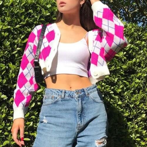 Women Long Sleeve Button Cardigan Cherry Embroidery Plaid Knitted Crop Top Coat