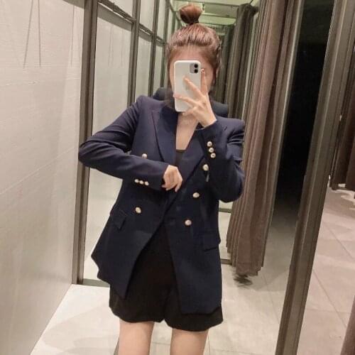 Vintage Blazers Women Navy Blue Work Office Formal Suits Student Interview Suit Single Button Solid Colors Splicing Blazer Coats